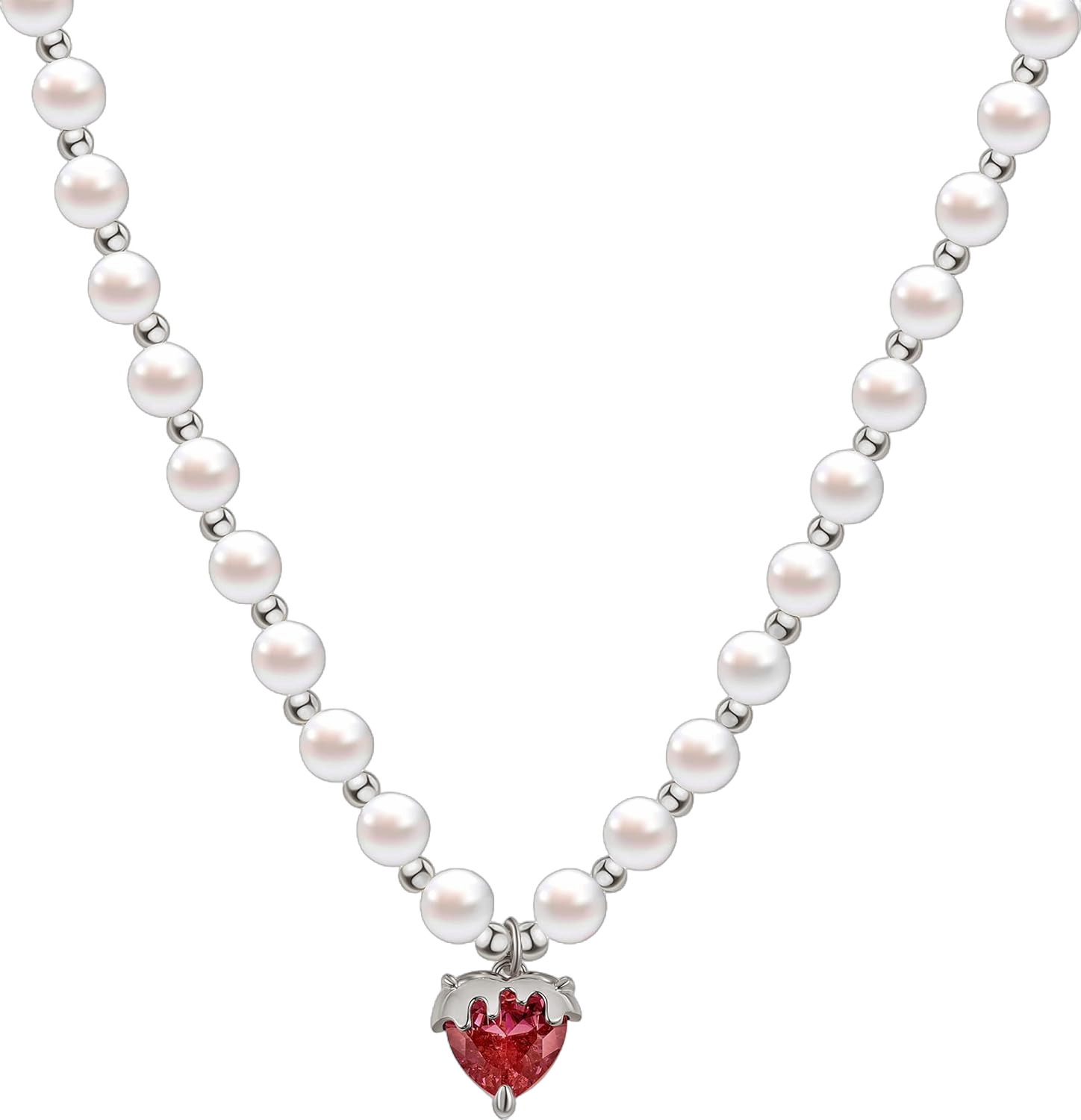 Round White Simulated Shell Pearl Necklace Strand | Pearl Choker Necklace | Cubic Zirconia Red Pink Pendant | Jewelry for Women White Gold-Red