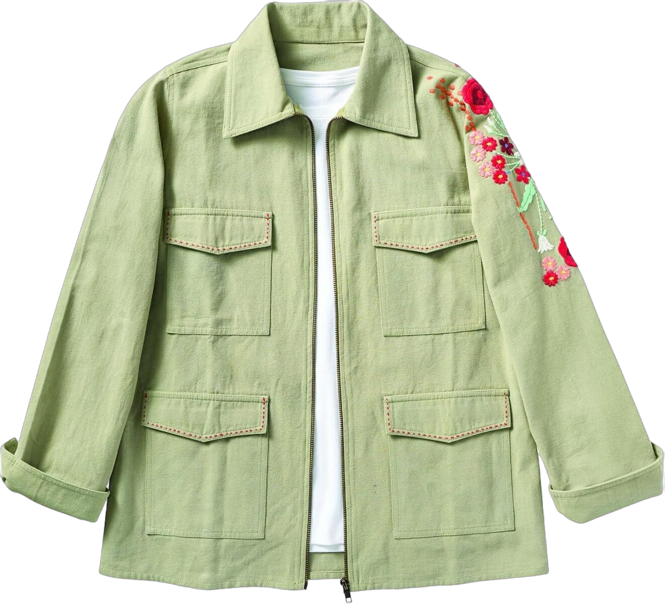 FLORIANA Womens Floral Embroidered Utility Jacket - Field Jacket with Pockets Olive, 1X Olive Green 3X