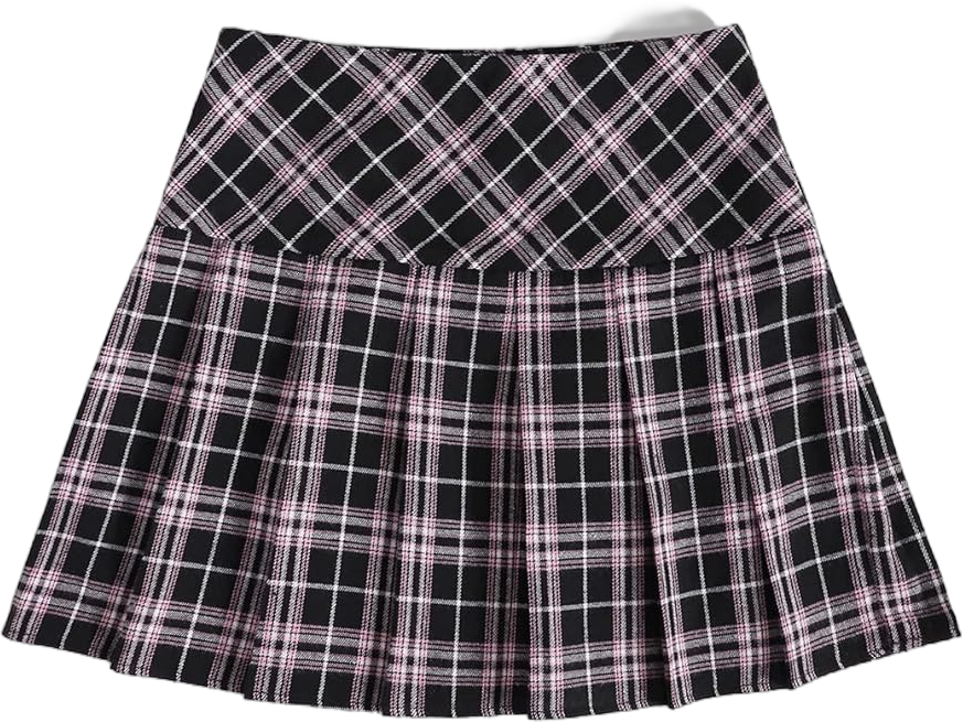 WDIRARA Women's Casual Plaid High Waist Pleated A-Line Uniform Mini Skirt X-Small Black and Pink