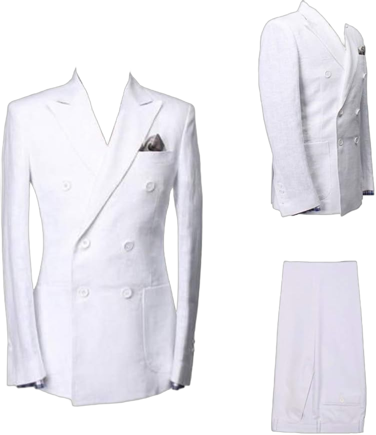 Mens White Cotton Linen Double Breasted Blazer Jacket with Pants Wedding Groomsmen Summer Suits 3X-Large White