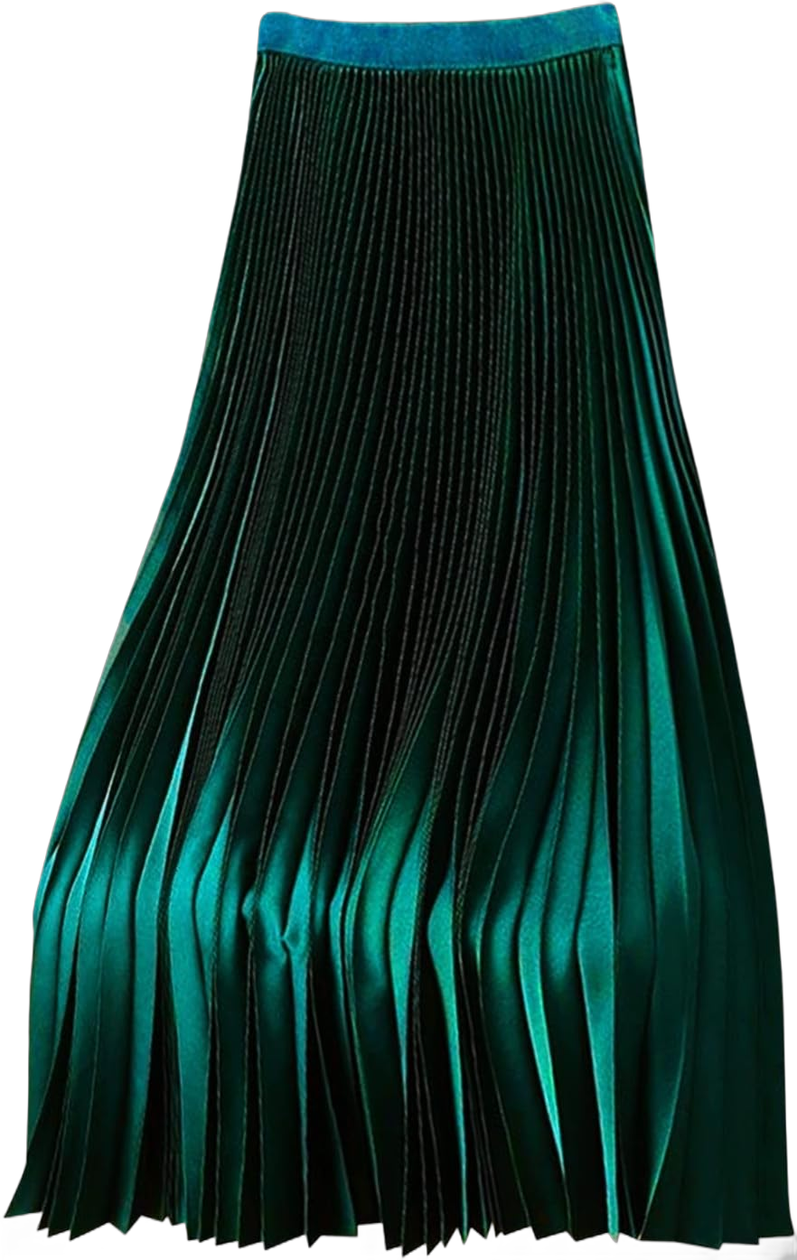 Plus Size Satin Skirts for Women Solid High Waist Pleated Flowy Swing Midi Skirt, Ladies Elegant Versatile Skirts Green