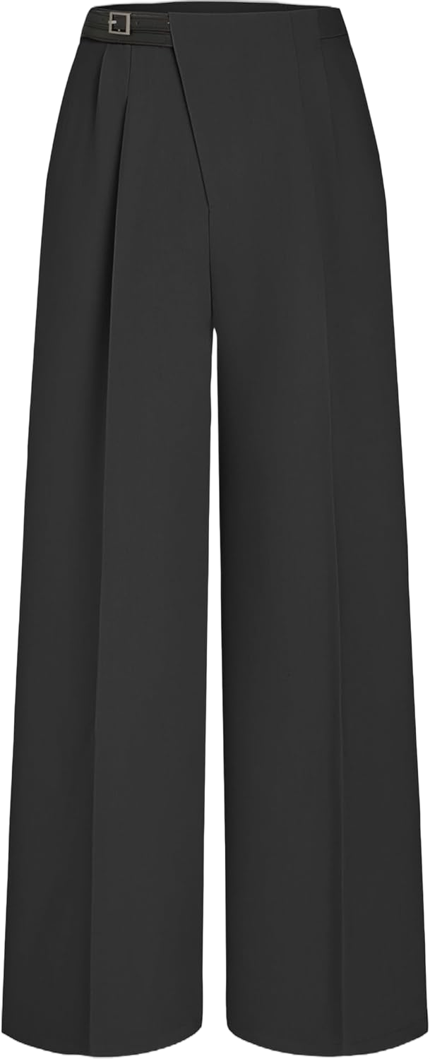 CIDER Belted Dress Pants Women High Waisted with Pockets Straight Leg Work Pants Business Casual Office Trousers Large Black (Run Small)