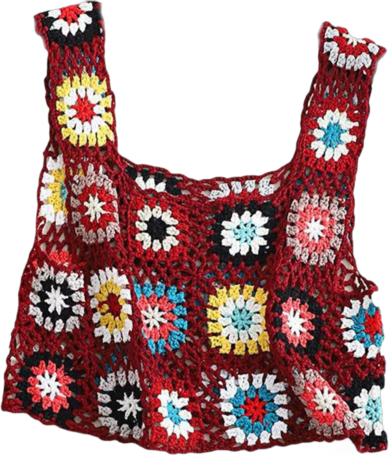 Women Vintage Hollow-Out Crochet Knit Sleeveless Vest Waistcoat Button Up Floral Loose Crop Cardigan Top Crochet Wine Red