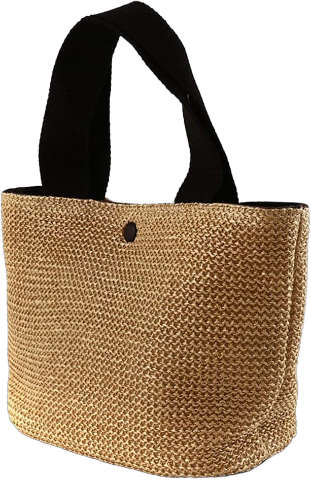 1 Piece Summer Beach Rattan Bag Handwoven Shoulder Bags with Wide Shoulder Strap Women Straw Woven Tote (Black Handle)