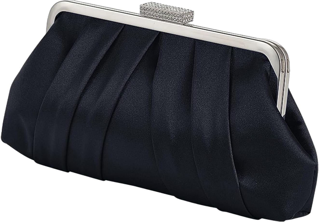 Women Elegant Evening Clutch Bag Small Formal Handbag Pleated Satin Shoulder Bag Simple Classic Purse Black