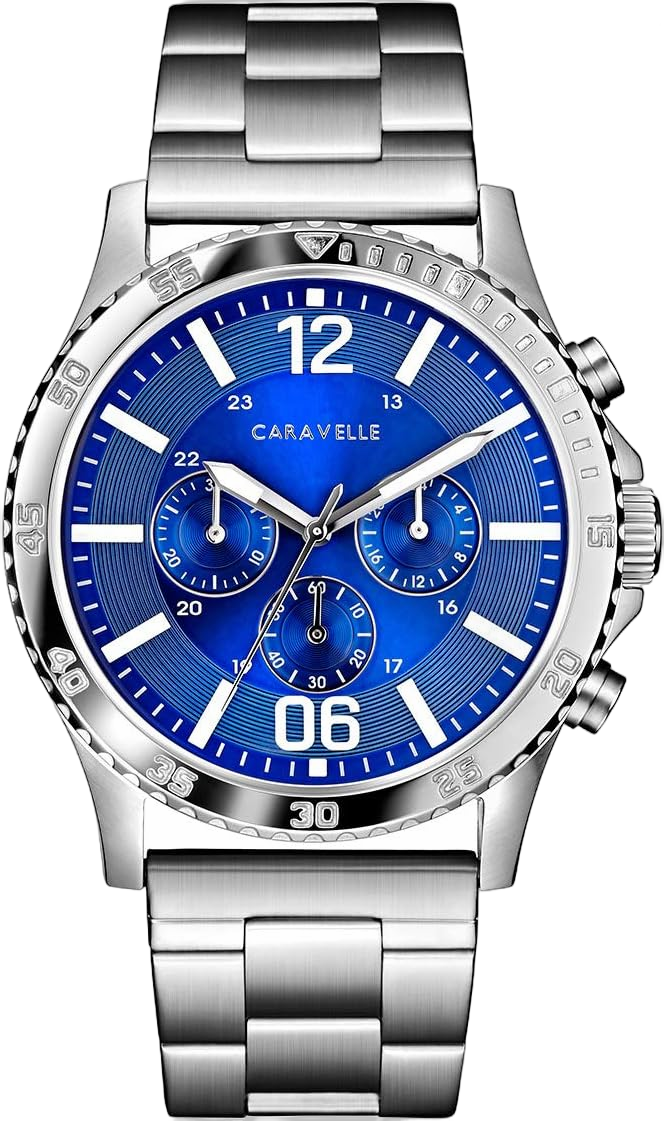 Caravelle by Bulova Men's Sport Chronograph Quartz Silver Tone Stainless Steel Watch, Blue Dial Style: 43A145