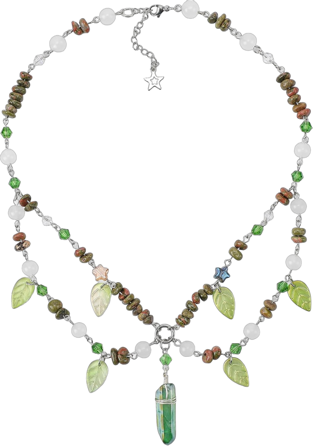 MOSTORY Woodland Ren Faire Necklace - Green Beaded Crystal Necklaces for Women Forest Leaf Layered Charm Choker for Princess Renaissance Cosplay Halloween Accessory Fantasy Photo Shoot