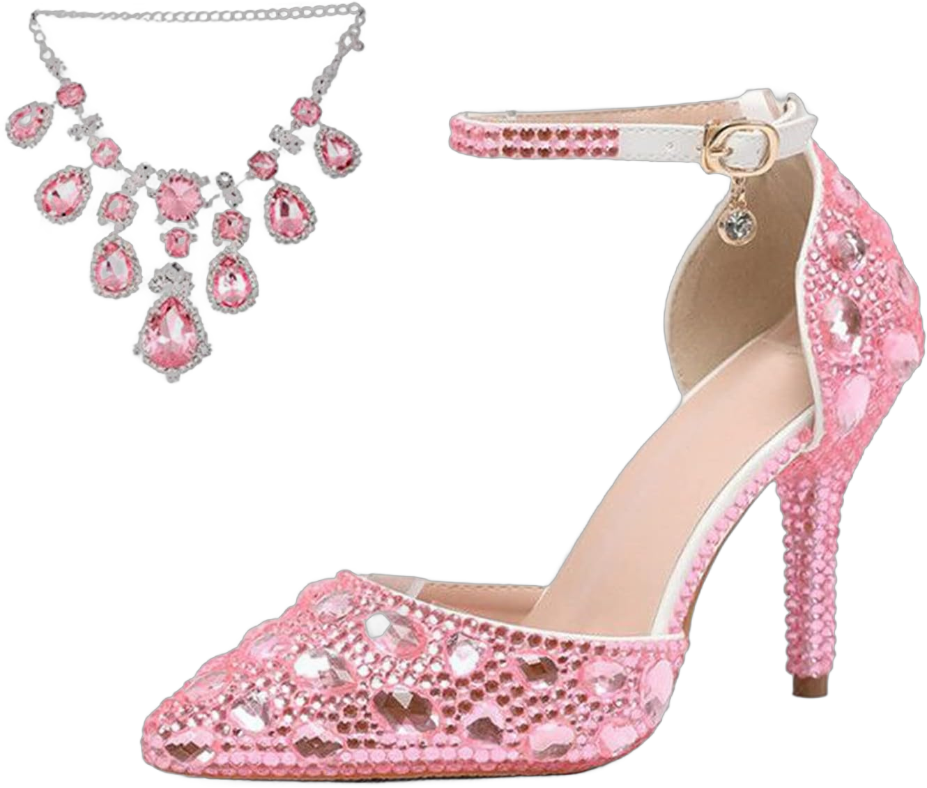 Minishion Womens Rhinestone Wedding Shoes Party Pumps with Ankle Chains 9.5 Mz8114 Pink 9cm Heel