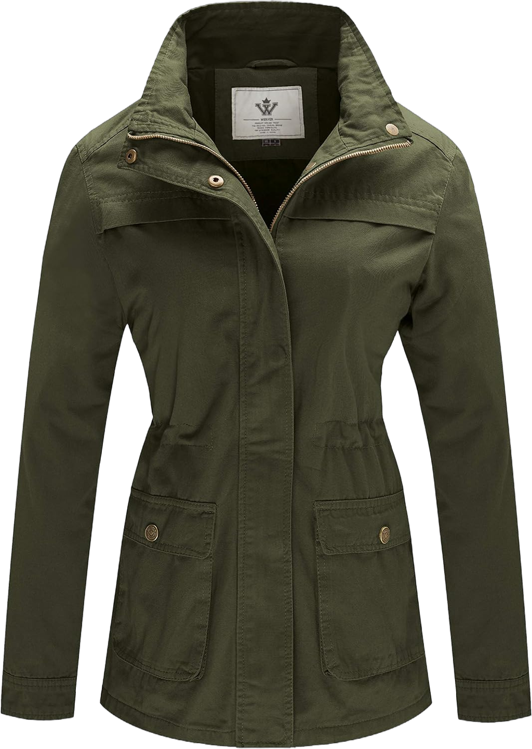 WenVen Women's Casual Military Jacket Cotton Stand Collar Utility Anorak Coat Large Army Green