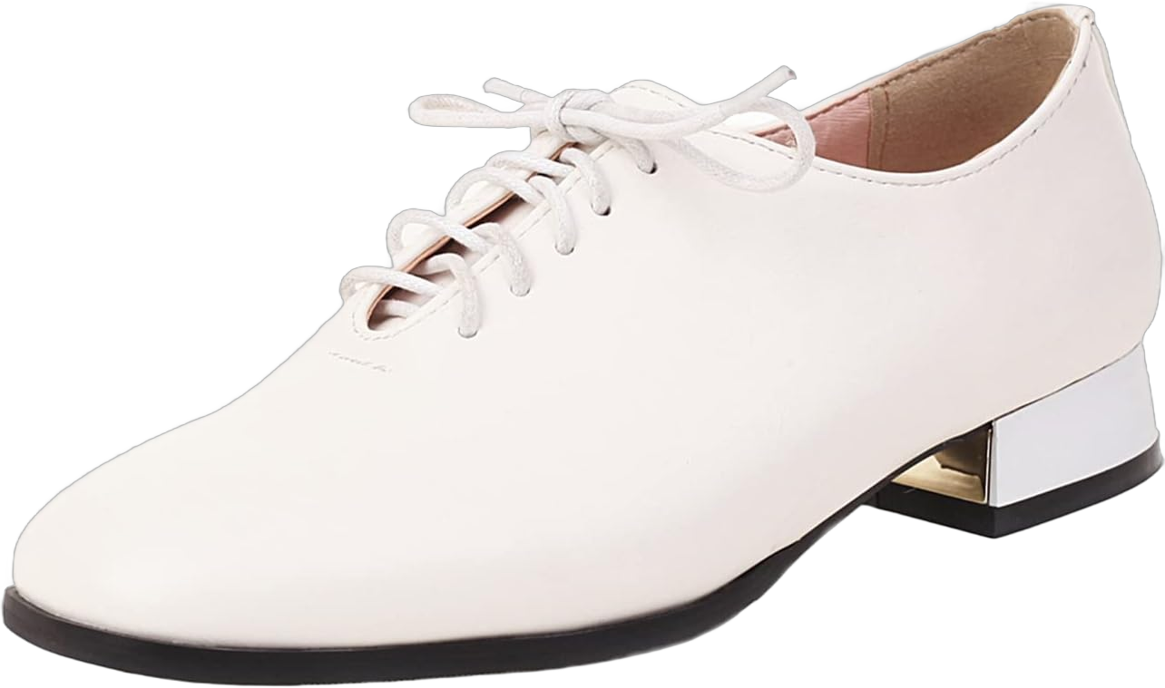 Womens Fashion 2.5CM Low Heels Round Toe Single Shoes Concise Lace Up Oxfords Brogue Shoes 5 White(l-29)