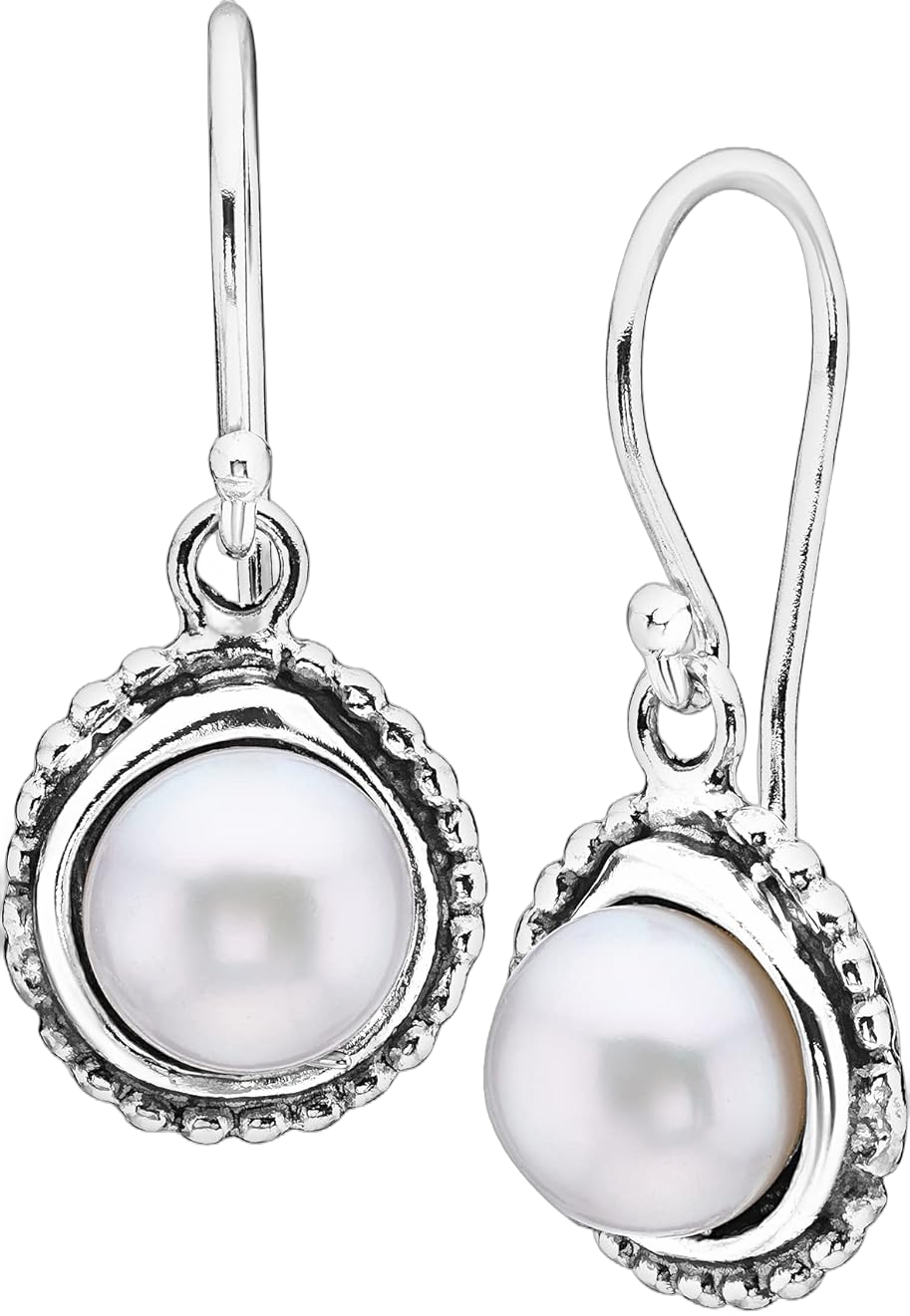 925 Sterling Silver Dangle Drop Earrings with Fresh Water Pearl - Wire Wrapped & Beaded Bezel Vintage Artisan Handcrafted Design - Hypoallergenic, Nickel & Lead-free - French Wire Back White Pearl