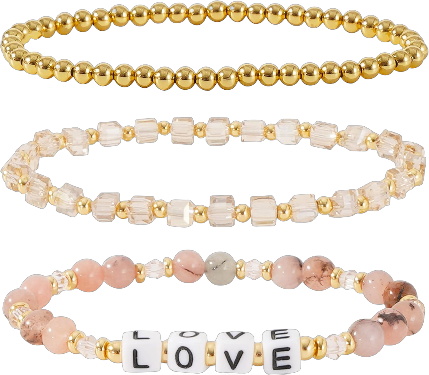 MAMA Bracelet Dainty Gold Crystal Beaded Bracelets Set for Women Stackable 14K Gold Plated Beads Nature Stone Layered Stretch Bracelets Mother's Day Gifts for Mom Grandmom E-mama Sakura stone