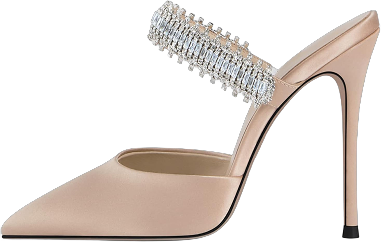 Women Heeled Mules Rhinestone Embellished Strap Pointed Toe Mules Satin Stiletto High Heels Slip On Bridal Sandals for Women 12.5 Nude