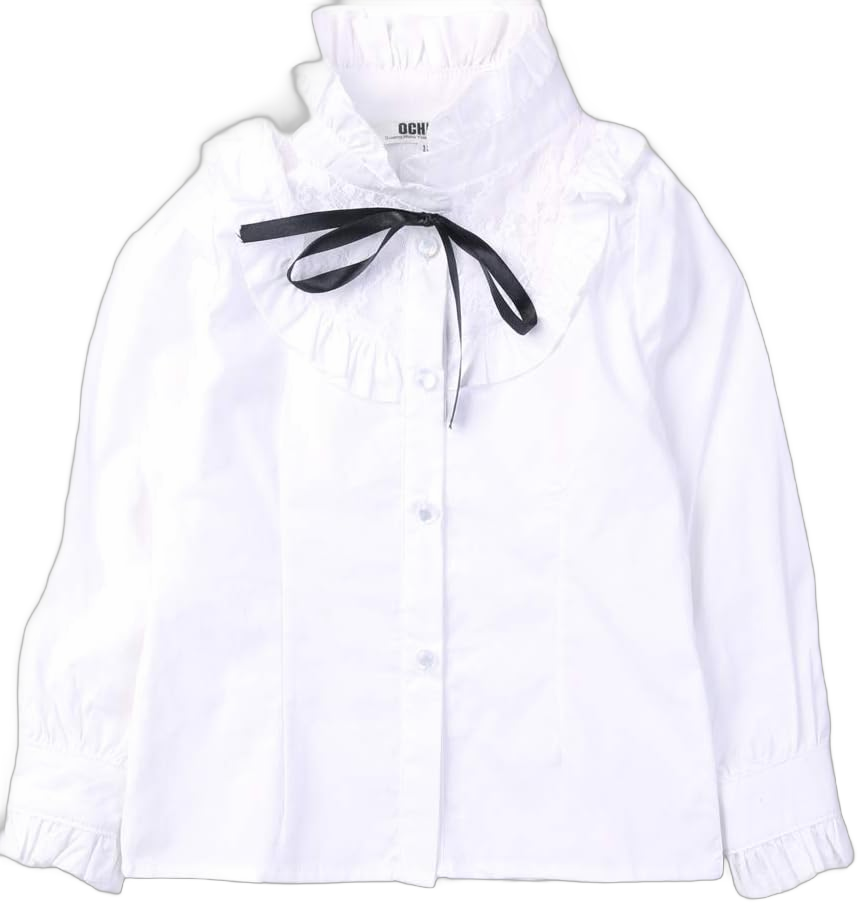 Uniform Shirts for Girls Ruffle Princess Lace Collar Long Sleeve Button Down Bowknot Blouse 10-11 Years White