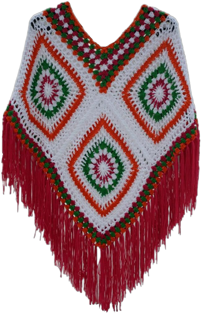 Crochet Fringed Poncho Cape Shawls Wraps Granny Square Womens Coat Sweater Small Multicolored