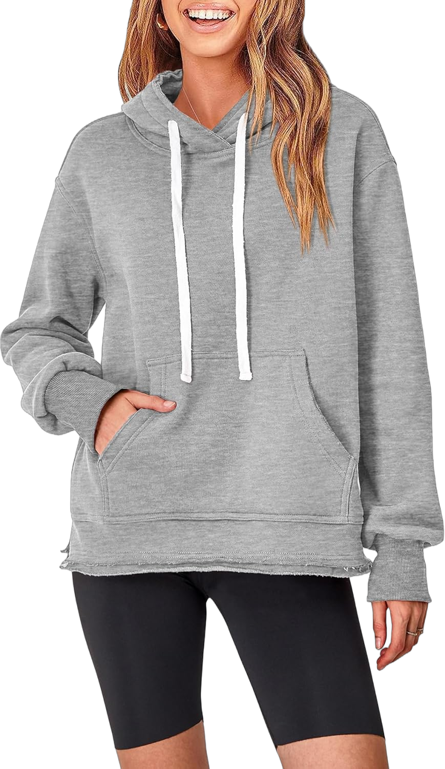 KIRUNDO Hoodies for Women Casual Oversized Cotton Long Sleeve Fleece Sweatshirt Sweater Fall Winter Trending Clothes 2024 Drawstring Tops(Light Grey, Small)