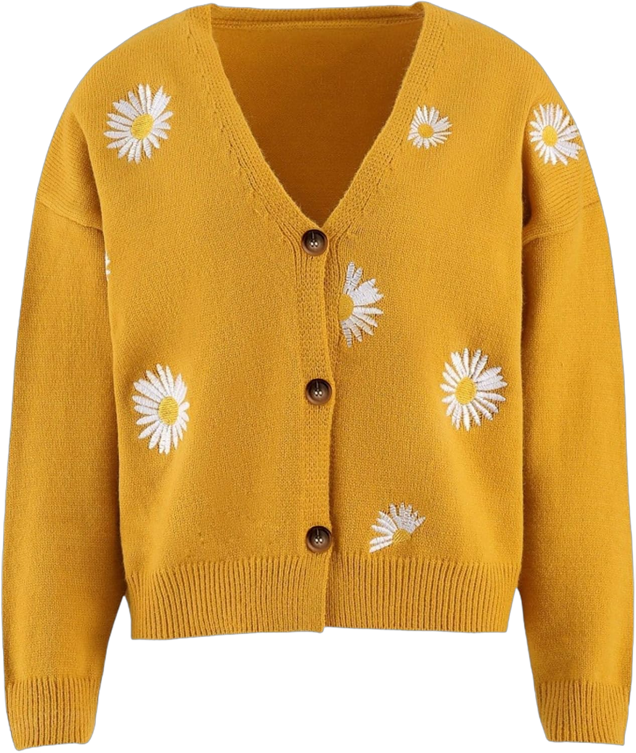 FindThy Women’s Daisy Cardigan Sweater Long Sleeve V Neck Y2K Floral Embroidery Cropped Knit Outerwear Tops Large Yellow