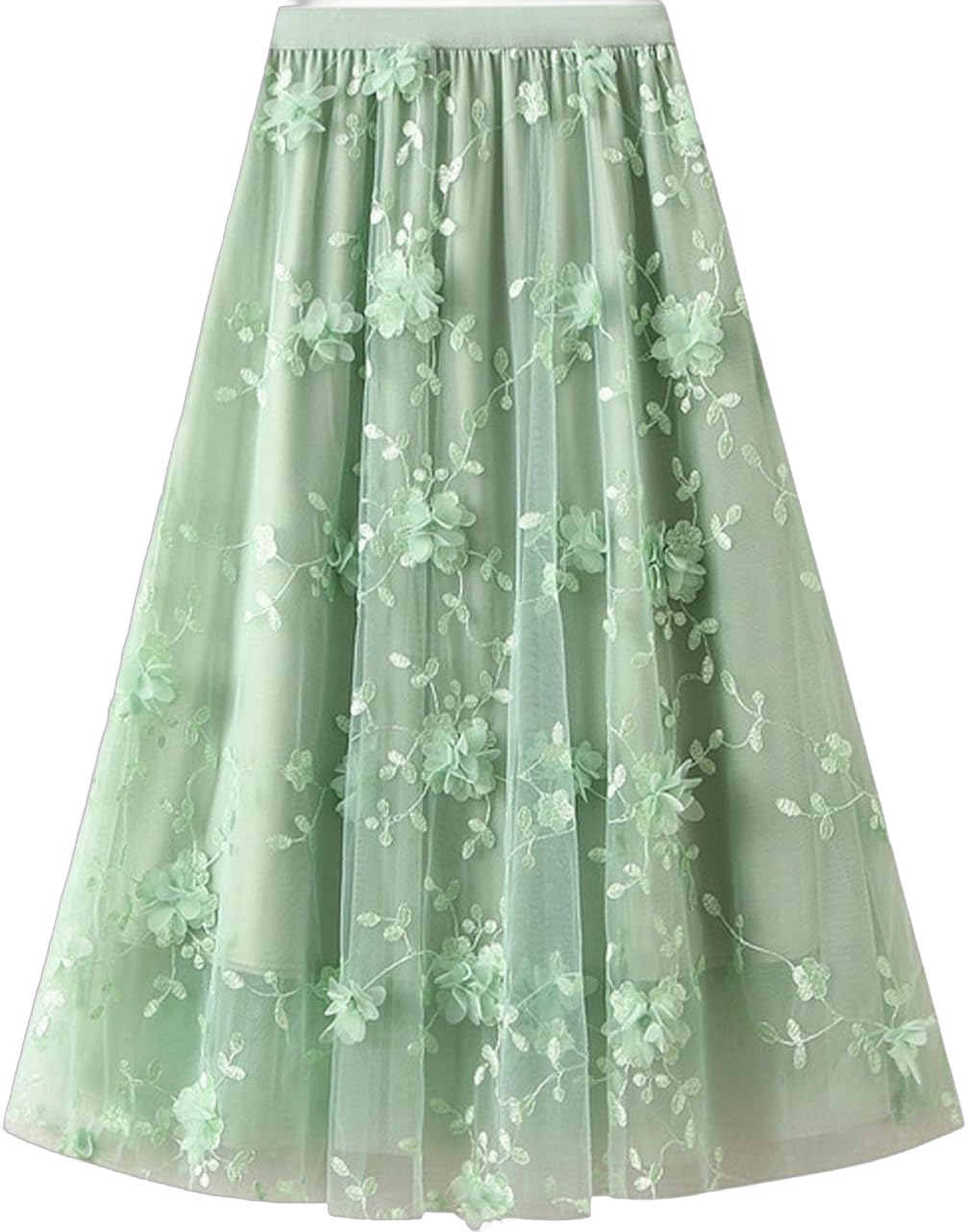 Women's Midi Tulle Skirt Elastic High Waist Skirt Floral Embroidery Layered Midi Skirt Pleated Mesh A-Line Skirt (Light Green,One Size)