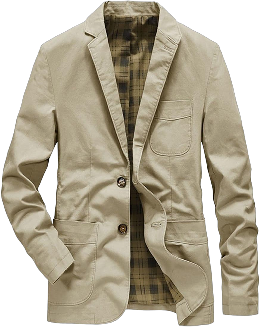 ebossy Men's Classic 2-Button Slim Blazer Jakcet Single Breasted Plaid Twill Cotton Sport Coat Medium Light Khaki