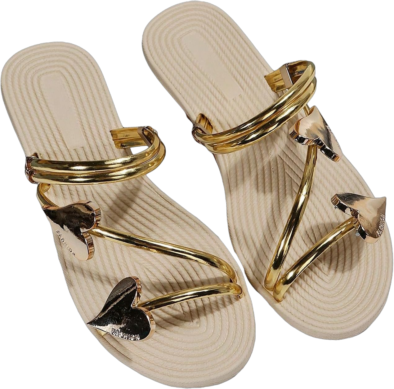 OYOANGLE Women's Heart Decor Outdoors Flat Sandals Open Toe Summer Solid Plain Slide Sandals 7.5 Gold