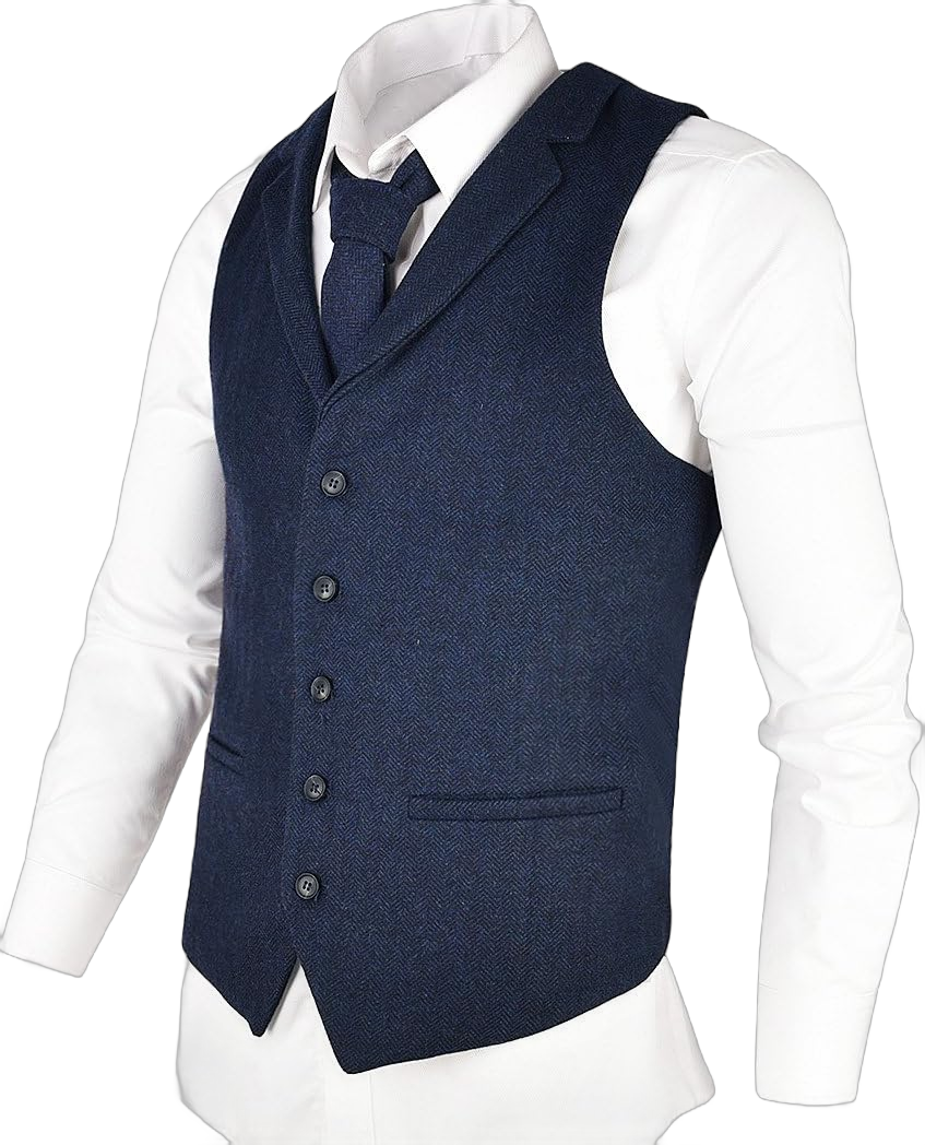 VOBOOM Mens Herringbone Tailored Collar Waistcoat Fullback Wool Tweed Suit Vest Small Navy Blue