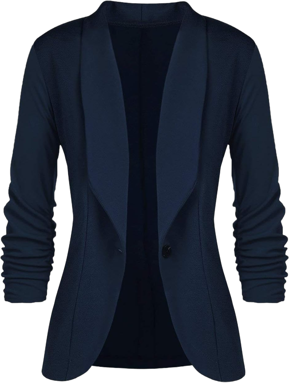 Elonglin Women Blazer Suit Jacket 3/4 Ruched Sleeve Single Front Button Slim Fit Bust 38.6“(Asian XL) Navy Blue