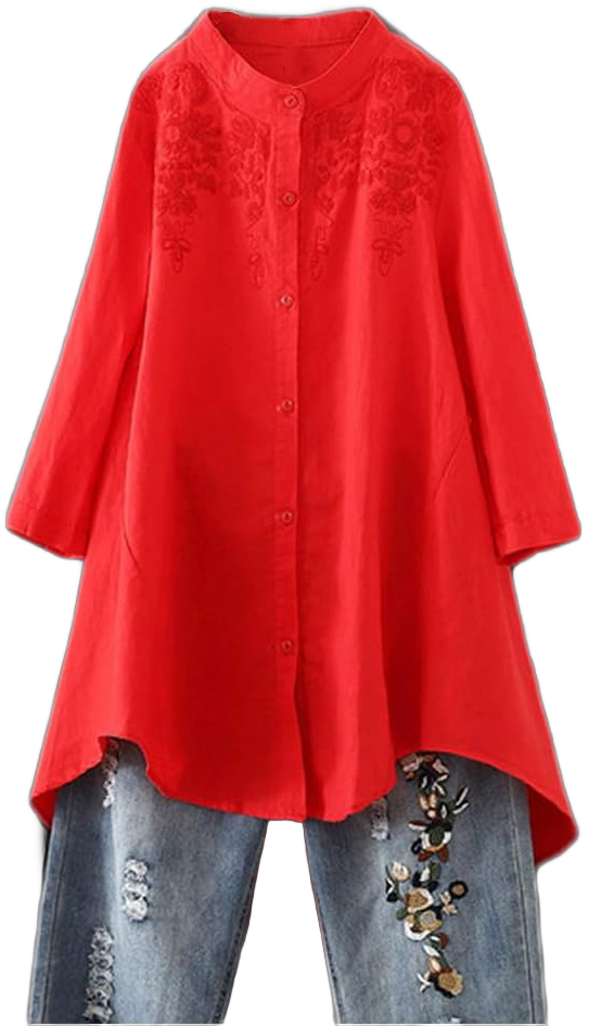 Minibee Women's Cotton Linen Shirt High Low Button Down Embroidered Blouse Long Sleeve Tunic Tops X-Large Red