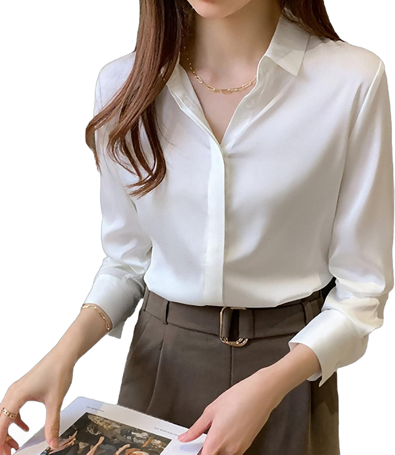 Women's Satin Blouse Fashion Long Sleeve Satin Silk Shirt Work Office Top Casual Shirt White XX-Large