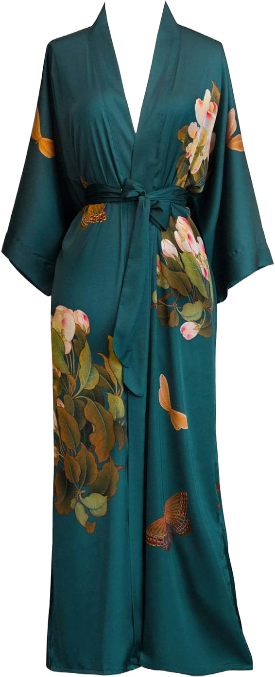 OLDSHANGHAI Women's Charmeuse Kimono Robe Long - Watercolor Floral - Peony & Butterfly- Vintage Teal (Blue)