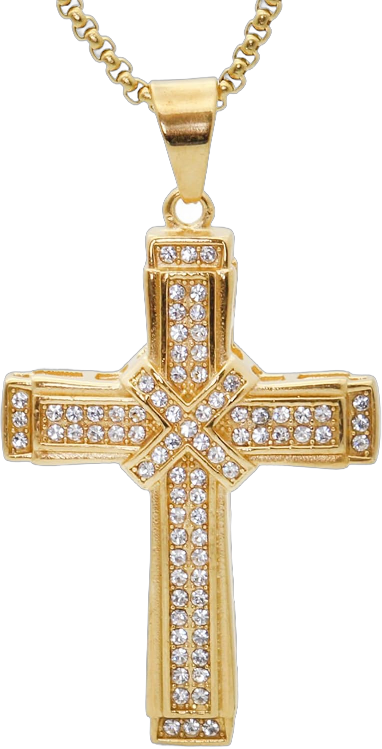 Mens and Womens Hip Hop Iced Out Rhinestones Necklace 18K Gold Plated Stainless Steel Cross Pendant Necklace