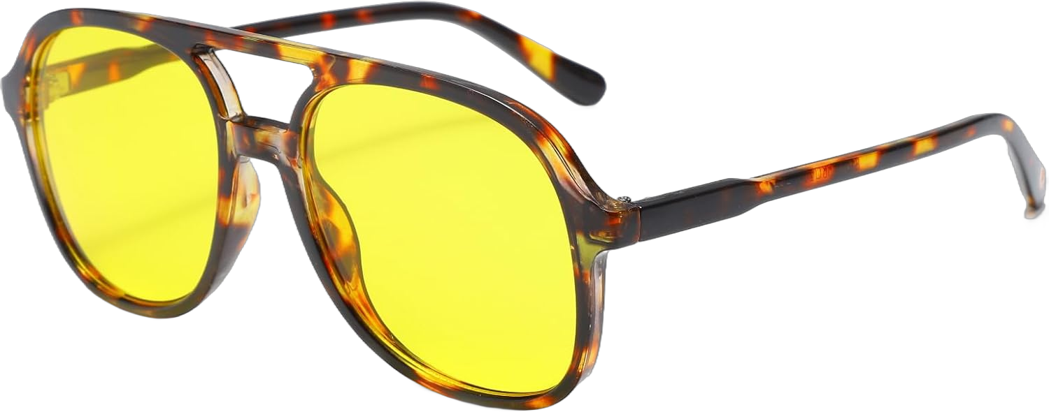 Long Keeper Retro Pilot Sunglasses for Women Men Oversized Vintage Square Sunglasses Classic Double Bridge Glasses UV400 Leopard Yellow