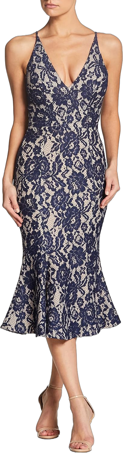 Dress the Population Women's Isabelle Plunging Spaghetti Strap Mermaid Fitted Midi Dress Large Navy/Nude Lace