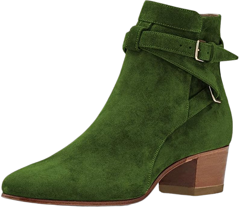 YDN Women Block Low Heel Suede Cowgirl Boots Pull on Ankle Bootie with Buckle 7 Olive