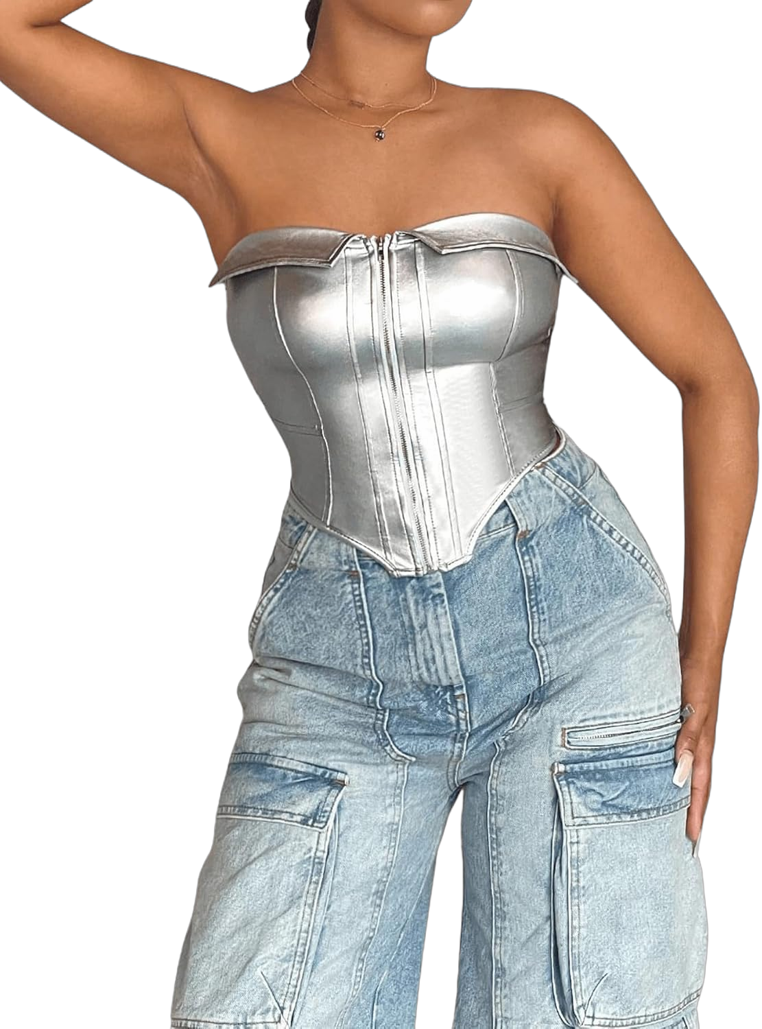 GORGLITTER Women's Metallic Asymmetrical Crop Tube Tops Sleeveless Zipper Front Bandeau Medium Silver