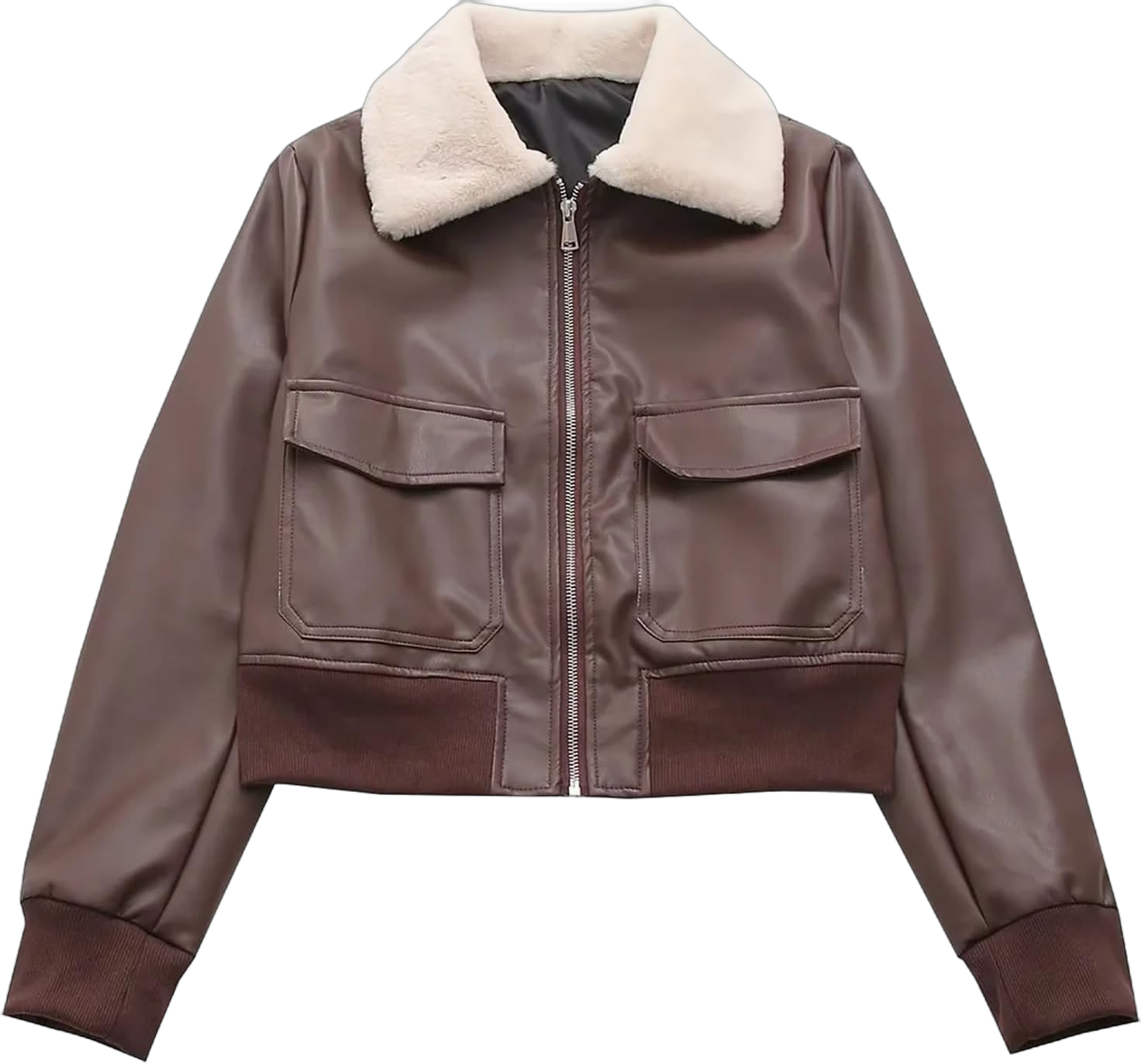 Womens Cropped Faux Leather Jackets Zipper Casual Aviator Bomber Jackets Faux Fur Collar Fashion Y2K Clothes Outerwear Small Coffee