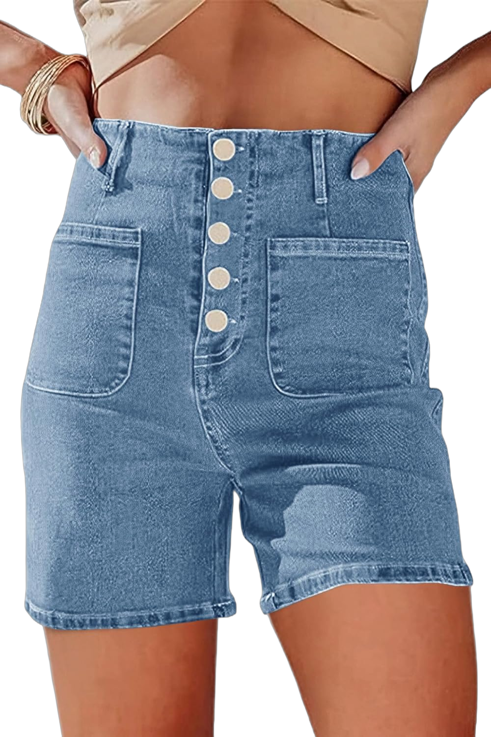 PLNOTME Womens High Waisted Jean Shorts Button Fly Stretch Straight Leg Summer Denim Shorts with Pockets