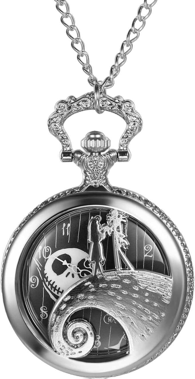 JewelryWe Nightmare Before Christmas Pocket Watch for Men Women Antique Quartz Pendant Chain Necklace Watch for Christmas Silver