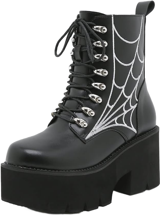 Fashion Goth Platform Boots for Women Lace Up Chunky Heeled Studded Cobweb Cosplay Boot Combat Motorcycle Ankle Boots (Color : Black, Size : 9 US)