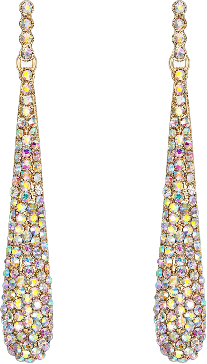 BriLove Wedding Bridal Elegant Crystal Beaded Teardrop Long Dangle Earrings for Women Iridescent AB Gold-Tone