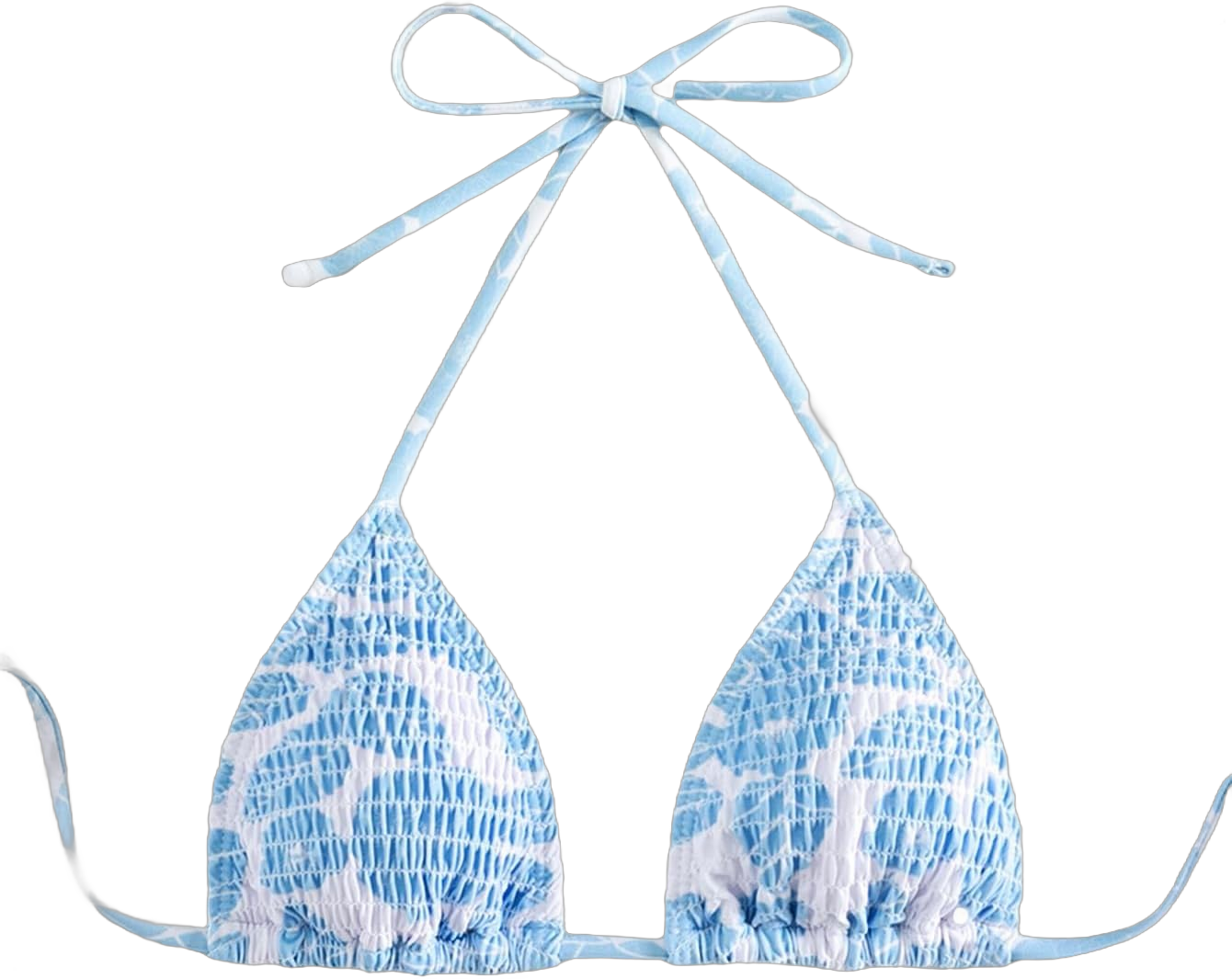 SHENHE Women's Triangle Halter Bikini Top Floral Tie Back Smocked Cute Swimsuit Top Medium Light Blue