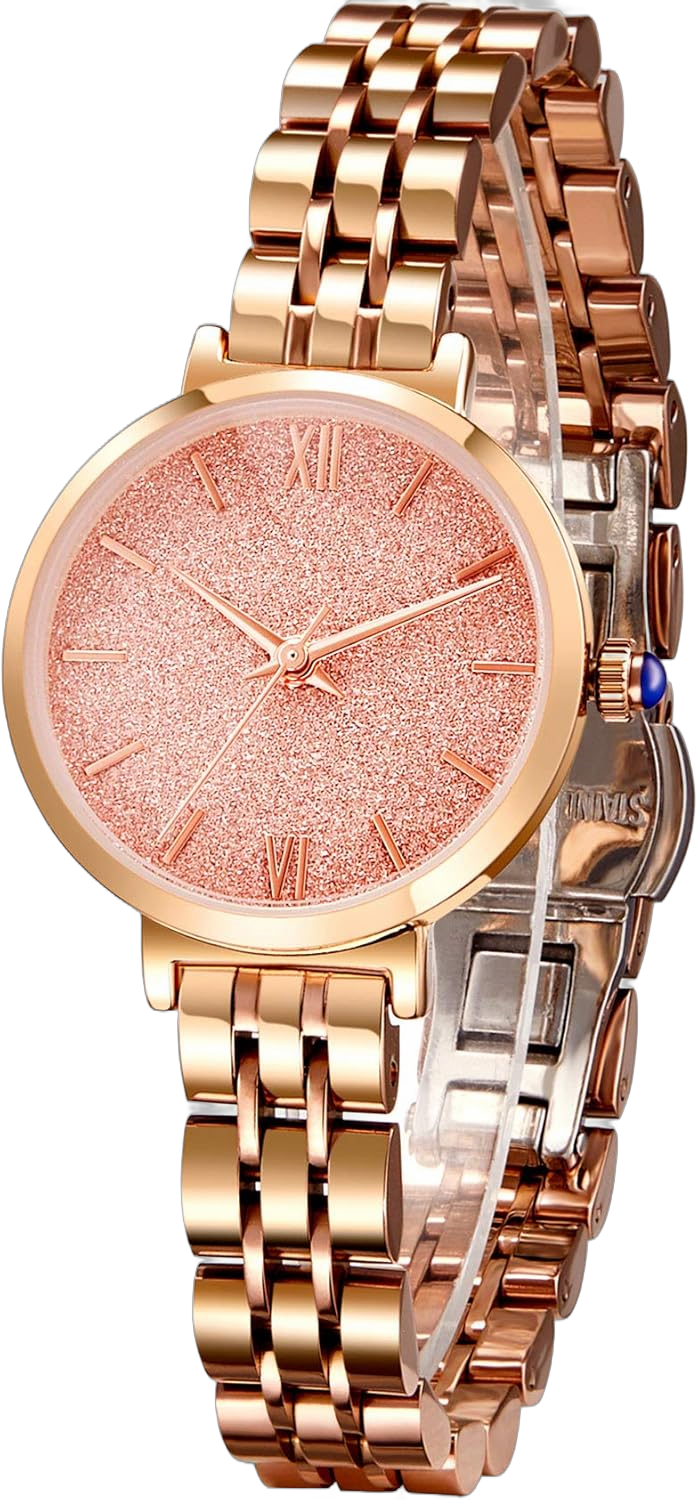 Women's Watches with Stainless Steel Square Round Dial Quartz Watch with Satin Genuine Leather Strap Elegant Minimalist Waterproof Pink&Rose Gold