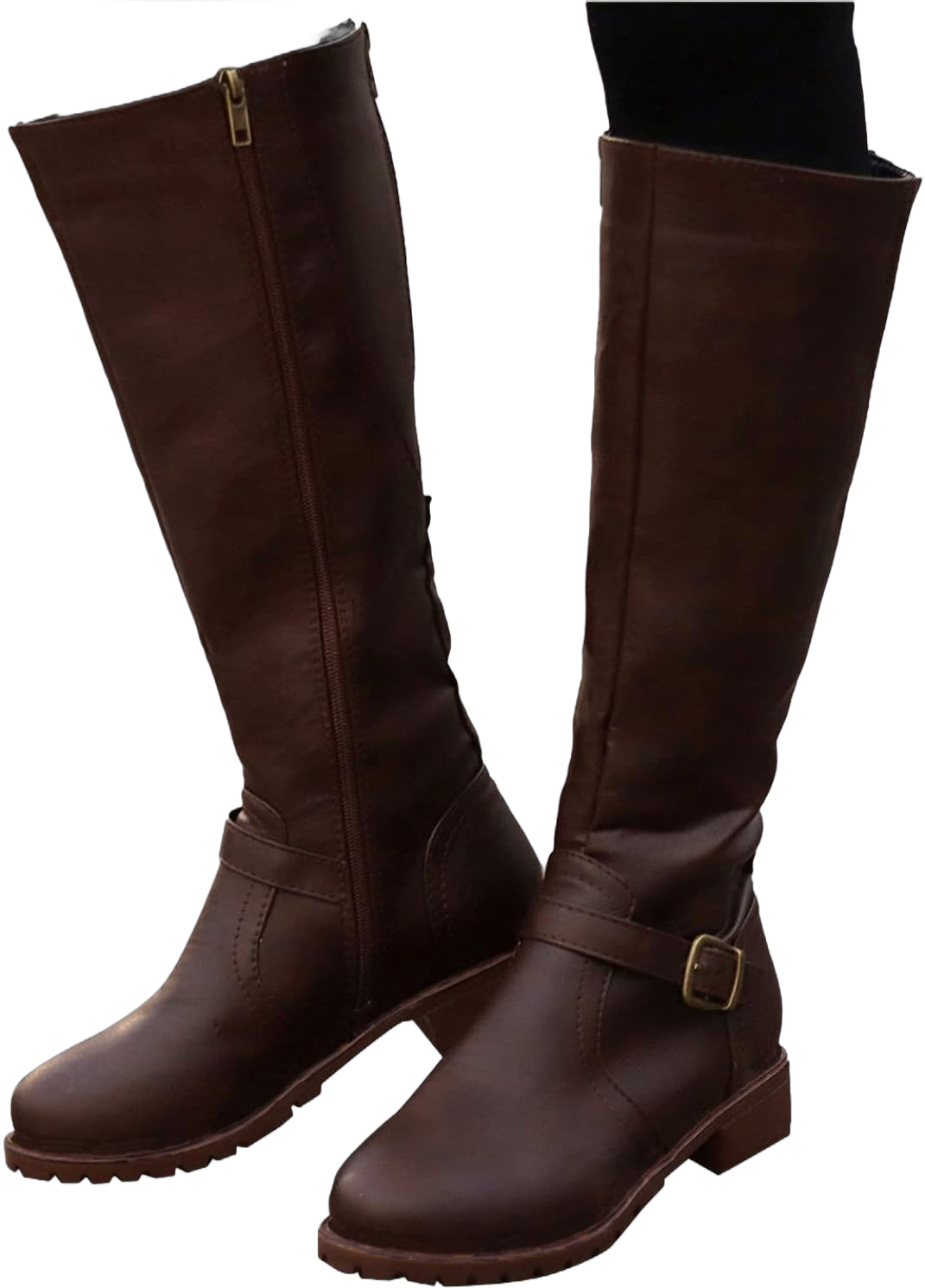 women boots Round Toe Low Heel Leather Vintage Warm Keep Boots Women wih Zipper Knee High Boots 9.5 Brown