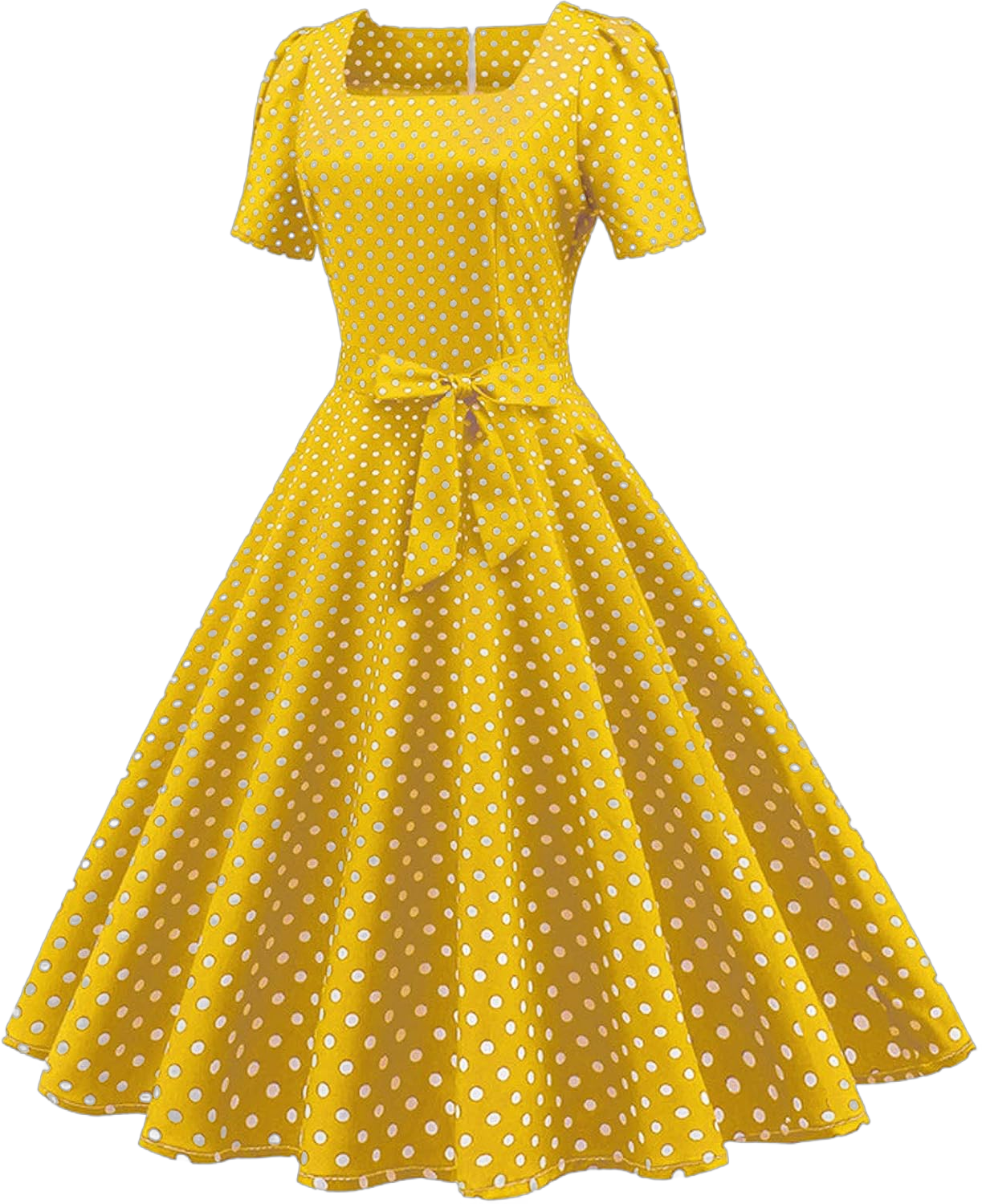 Women's 1950s Hepburn Dress Vintage Polka Dots Teen Girls Swing Dress Cocktail Party Prom Bowknot Cinched Waist Dress Large Yellow