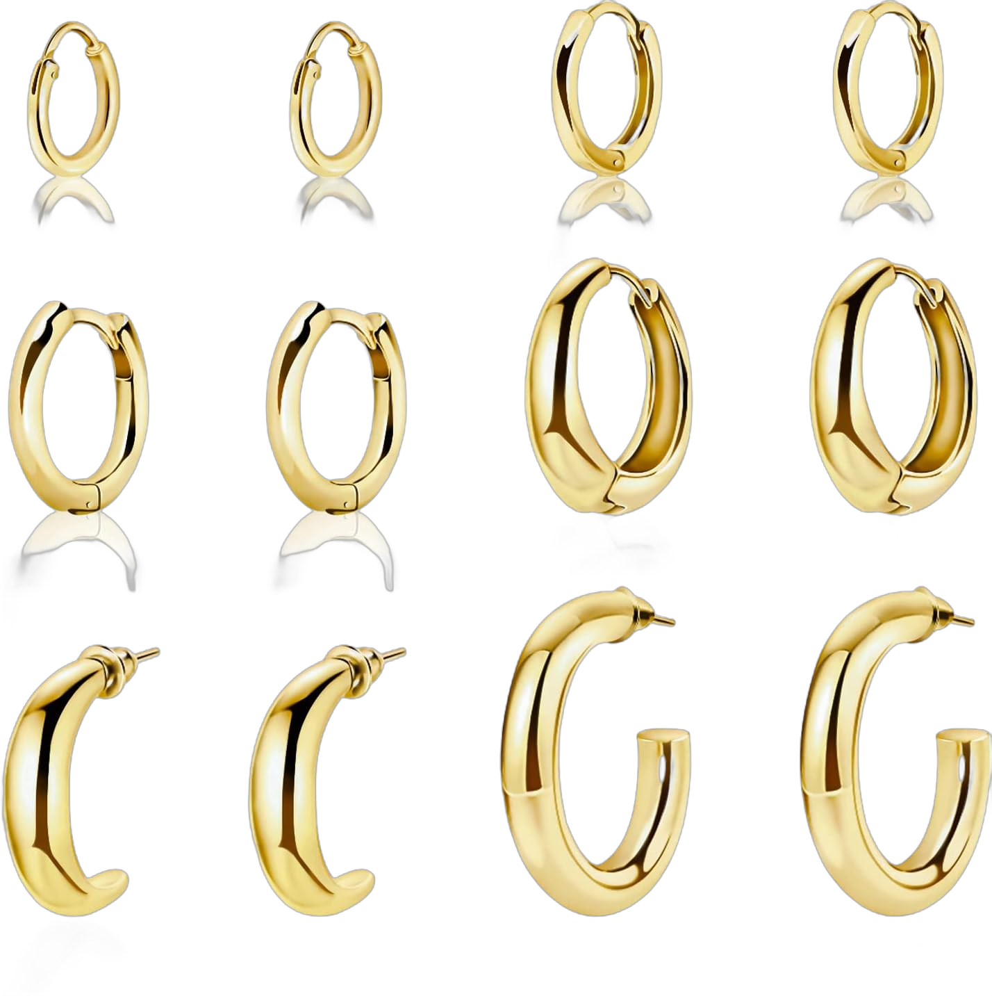 12/9/6 Pairs Chunky Thick & Small Tiny Gold Hoop Earrings Set for Women,Huggie Earrings Multipack 14K Gold Plated Hypoallergenic for Girl Gift 6:6 smooth-1