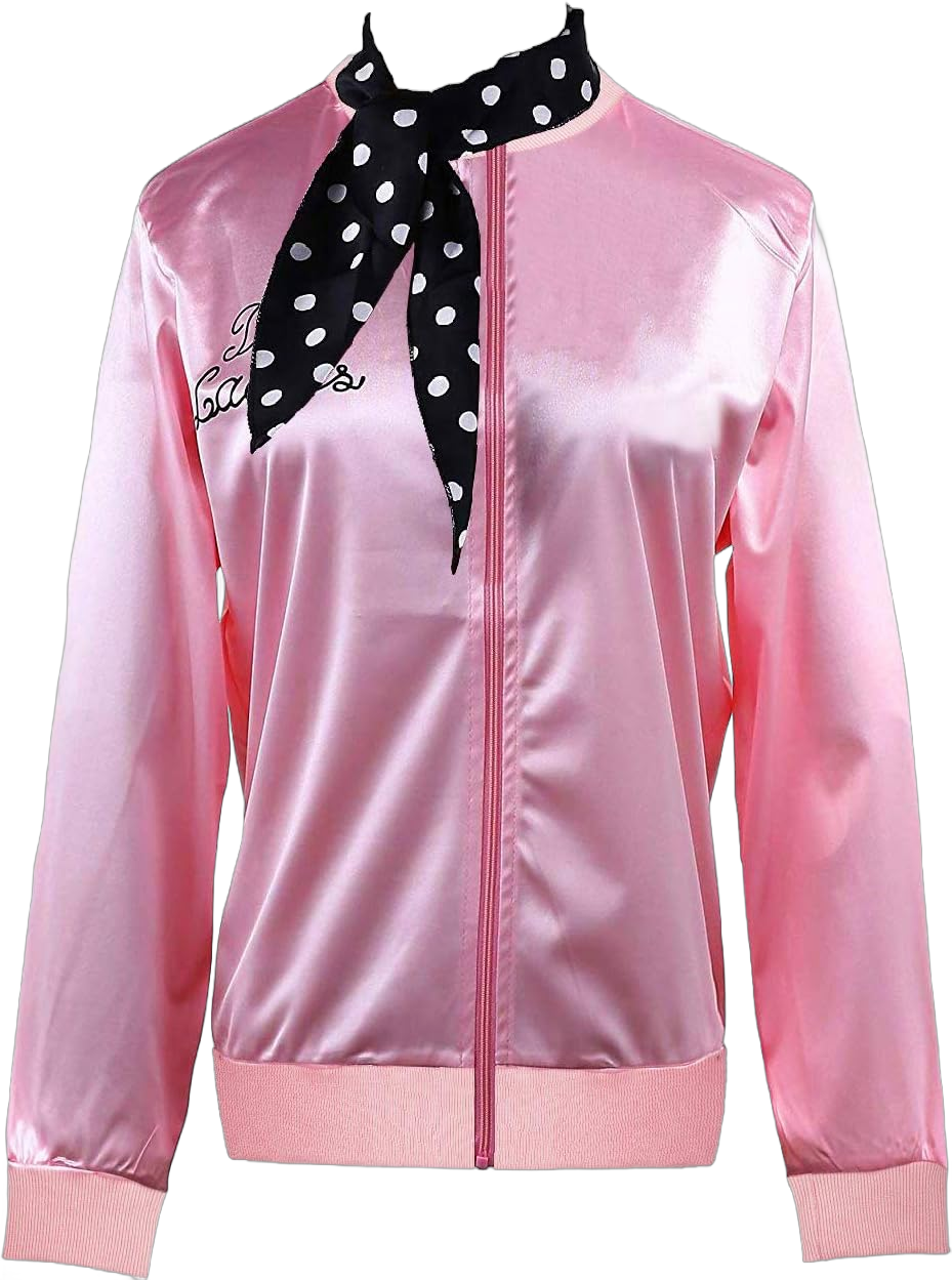 Knemksplanet Women's 1950s Pink Satin Jacket with Neck Scarf T Bird Women Girls Halloween Costume Fancy Dress