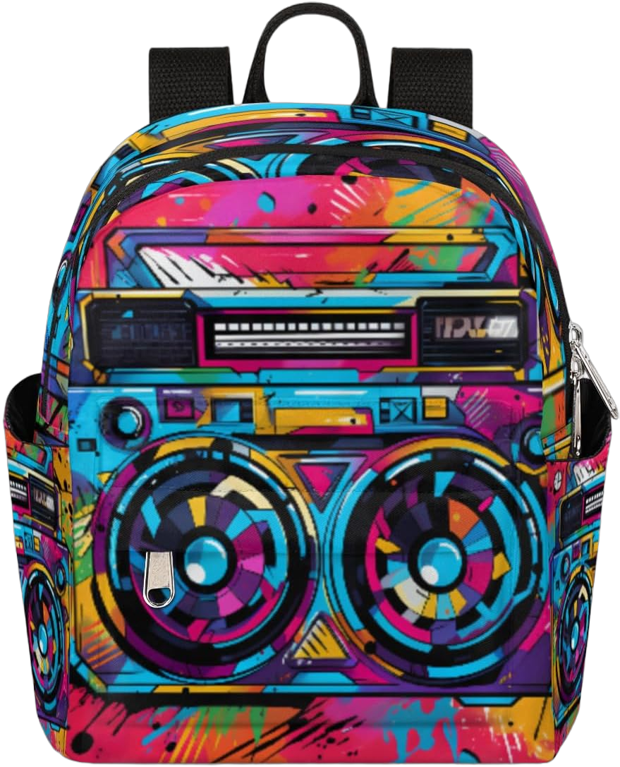 cfpolar Mini Backpack Purse for Women, Colorful Hip Hop Boombox Small Backpack Multi Functional Casual Daypack Soft Shoulder Bag Handbags for Ladies Travel Work