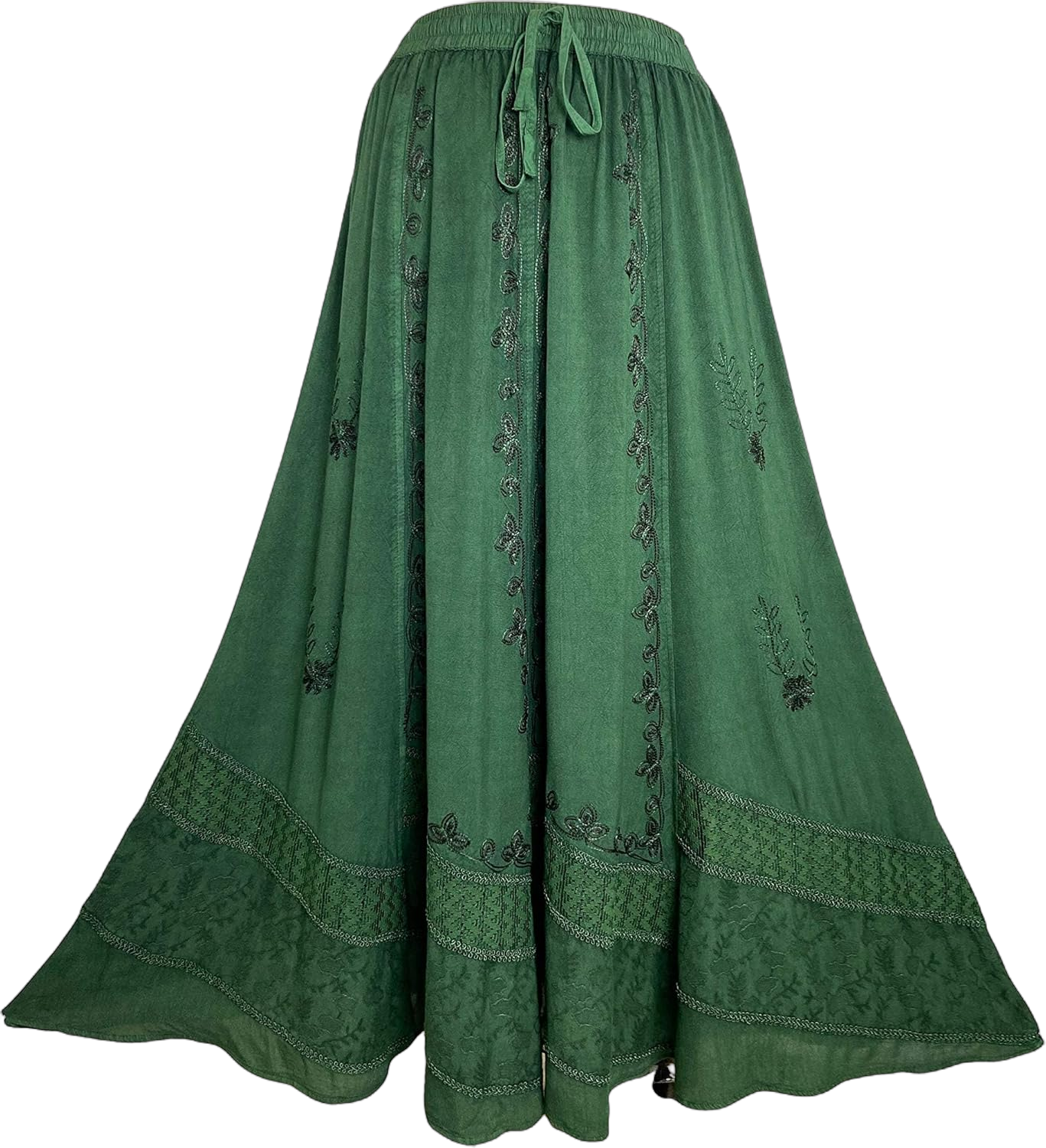 Agan Traders Women's 2025 Spring Elastic Waistband Flare Hem Boho Skirt - Long Renaissance Embroidered Maxi Skirt Small-Medium H Green