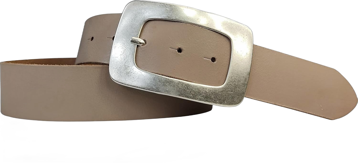 Leather Belt with Large Silver Buckle 1.6 inches waist size 45.5 inch (115 cm) Taupe/Grey