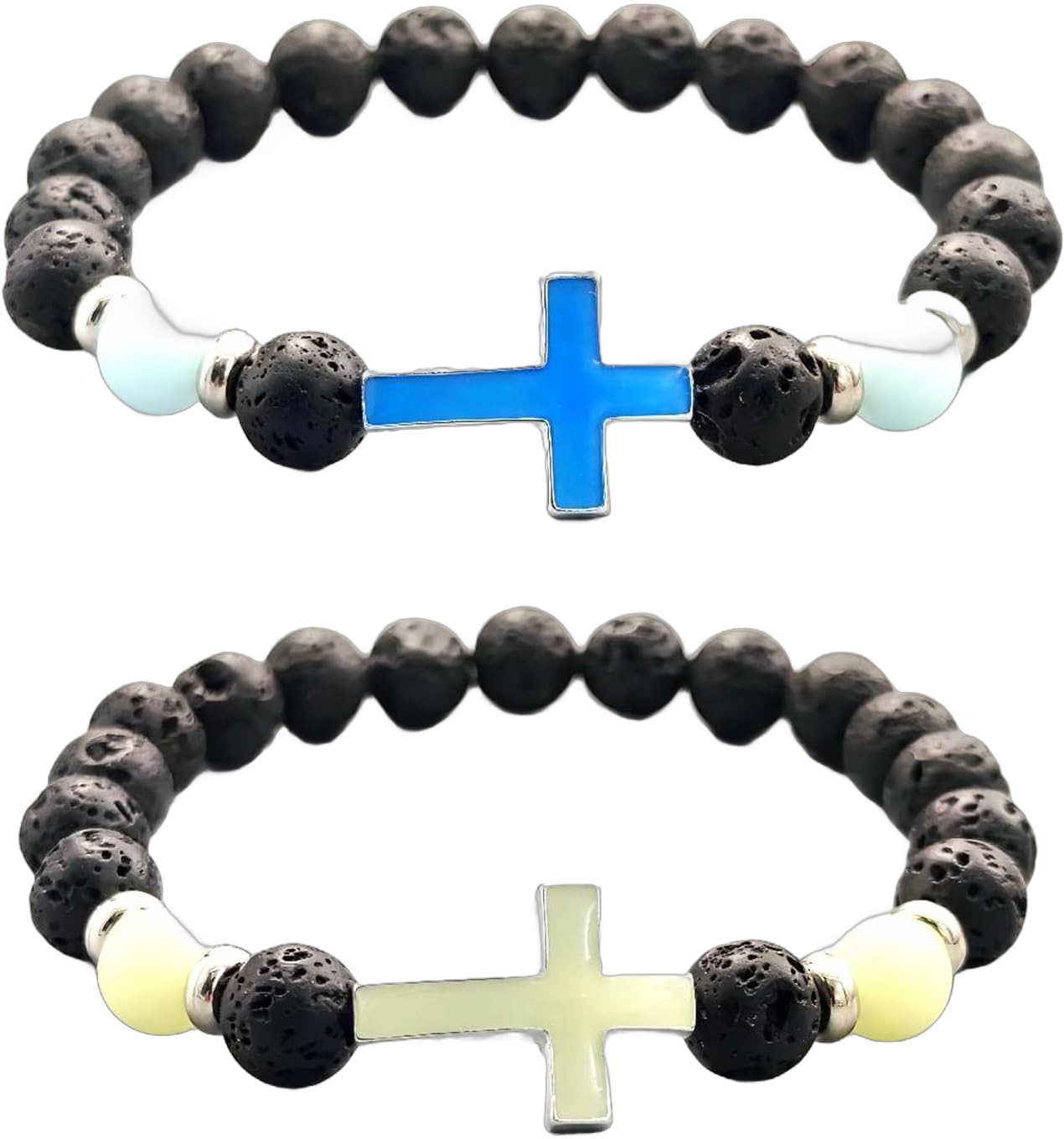 2Pcs Cross luminous Matching Bracelets for Women Men Bracelets Birthday Gifts for Couples Friendship Stretch Beaded Adjustable Bracelet Green and Blue