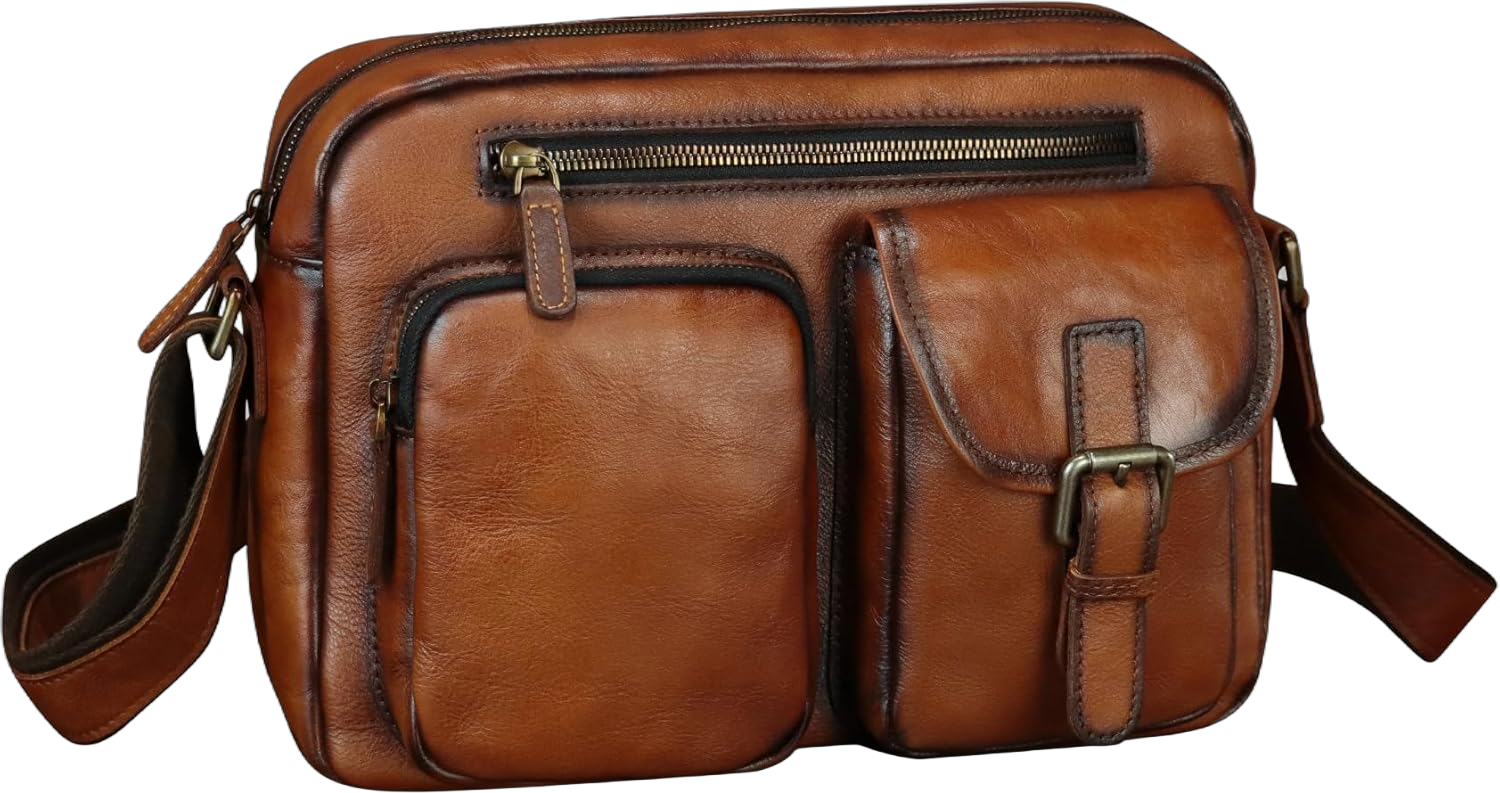 Genuine Leather Purse and Messenger Bag for Men Vintage Leather Shoulder Bag Briefcase Crossbody Satchel Bags with Strap Brown